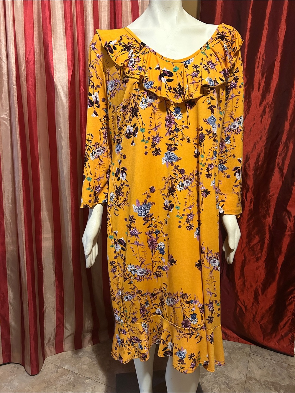 Ashley Stewart Mustard Yellow Floral Ruffle Midi Dress